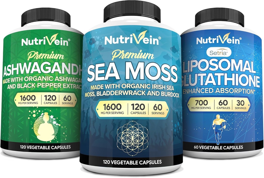 Nutrivein Premium Irish Sea Moss Κάψουλες, Ashwagandha, και Liposomal Glutathion Συμπλήρωμα Bundle: Sea Moss, Μειωμένη Glutathione, & Ashwagandha Συμπληρώματα για Ανοσία, Mood, Digetion, & Detox