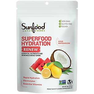 Sunfood Superfood Hydration Renew- Coconut Water Powder, Ηλεκτρολύτες σε σκόνη με λεμόνι, θαλασσινό αλάτι & ορυκτά, καθαρό βιολογικό ηλεκτρολυτικό μείγμα ποτών - 8 oz τσάντα