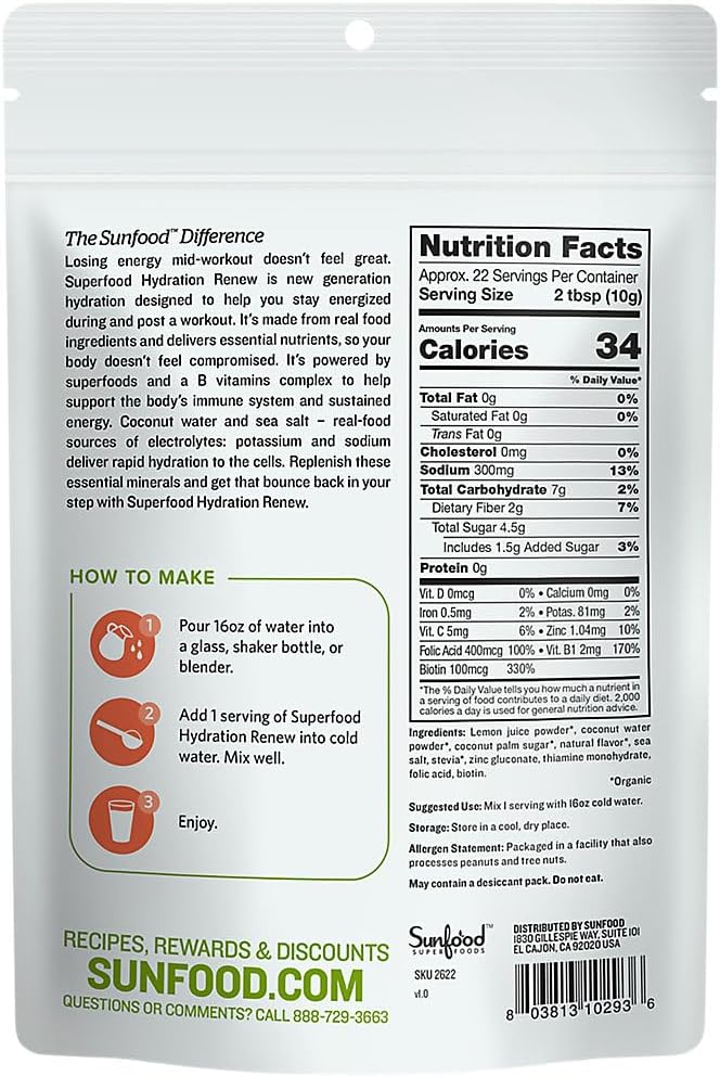 Sunfood Superfood Hydration Renew- Coconut Water Powder, Electrolytes Powder with Lemon, Sea Salt & Minerals, Clean Organic Electrolyte Drink Mix - 8 oz Bag