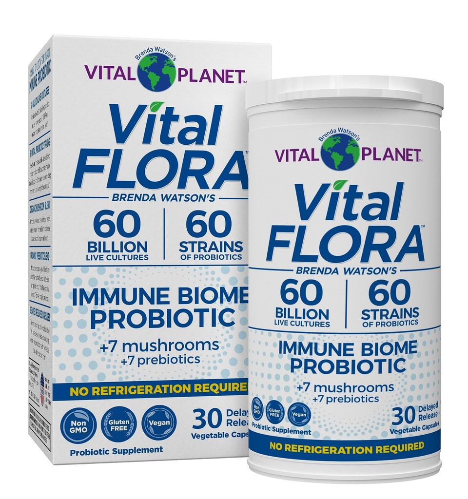 Vital Planet - Vital Flora Immune Support Probiotic, 60 Billion CFU, 60 Diverse Strains, 7 Organic Mushroom Supplement Blend with Prebiotics, Shelf Stable Digestive Health Probiotics 30 Capsules