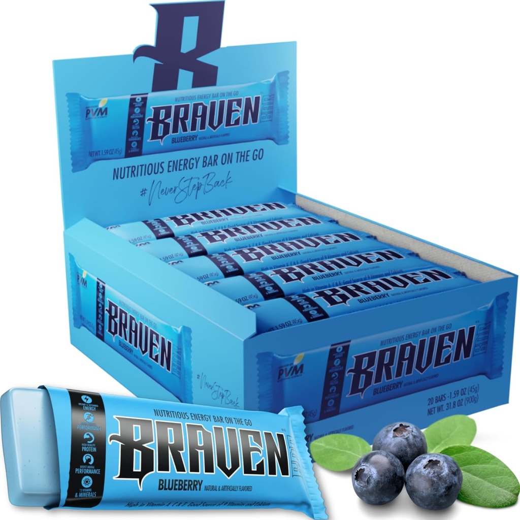 Braven Bar Blueberry Energy Bars (1,59 oz, Pack of 20) – Ενεργειακά Chews με 5g πρωτεΐνης – On-the-Go ενεργειακά σνακ για τρέξιμο, πεζοπορία και αθλήματα - Χωρίς γλουτένη για διαρκή ενεργειακή ενίσχυση