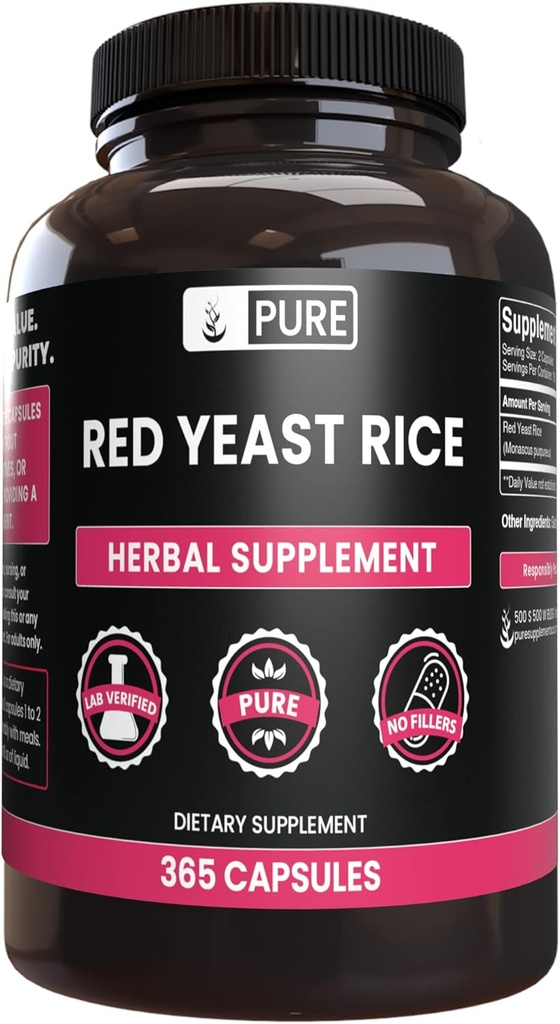 PURE ORIGINAL INGREDIENTS Red Yeast Rice (365 Capsules) No Magnesium Or Rice Fillers, Always Pure, Lab Verified
