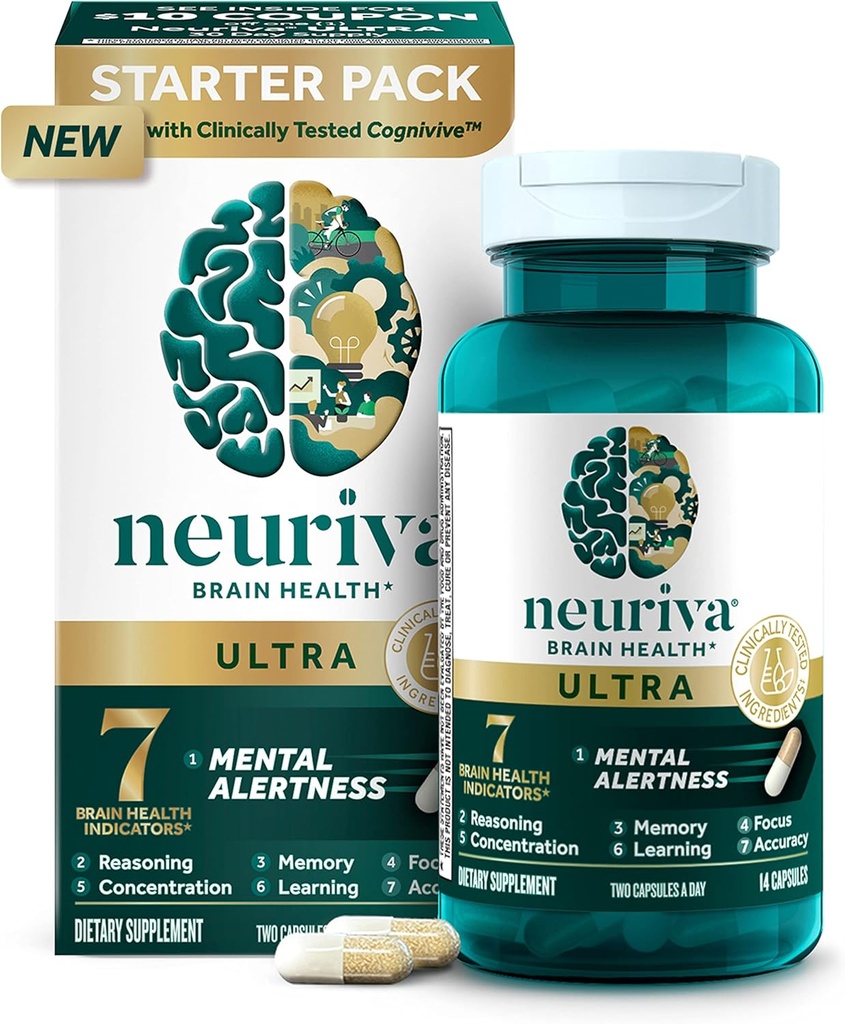 NEURIVA Ultra Decaffeinated Clinically Tested Nootropic Brain Supplement for Mental Alertness,Memory,Focus & Recentration,Cognivive,Neurofactor,Phospatidylserine,Vitamins B6 B12,14ct Κάψουλες