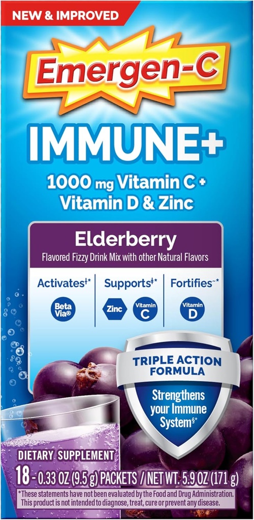 Emergen-C Immune+ Triple Action Immune Support Powder, BetaVia (R), 1000mg Βιταμίνη C, Β Βιταμίνες, Βιταμίνη D και Αντιοξειδωτικά, Elderberry, Επιστροφή στα Απαραίτητα του Σχολείου – 18 Count