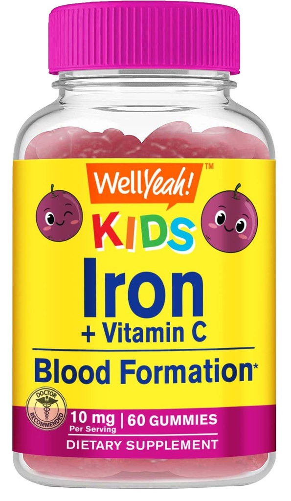 WellYeah Iron Gummies for Kids with Vitamin C - Υποστήριξη αναιμίας, Σχηματισμός ερυθρών αιμοσφαιρίων, ενέργεια και ανοσία Υποστήριξη Gummy, συμπληρώματα σιδήρου για παιδιά - GMO δωρεάν, φυσικό άρωμα σταφυλιών - 60 κόμης