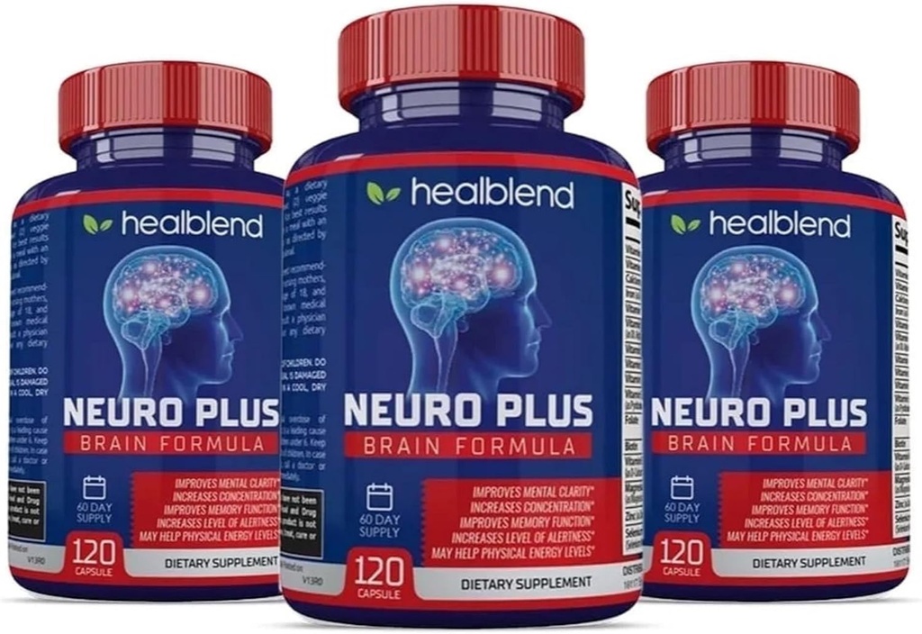 Neuro Plus Brain & Focus Formula - Brain Booster συμπλήρωμα, Υποστηρίζει τη διανοητική σαφήνεια & εστίαση - Ενισχύει τη συγκέντρωση & ψυχική ενέργεια – 120 κάψουλες (3 Pack)