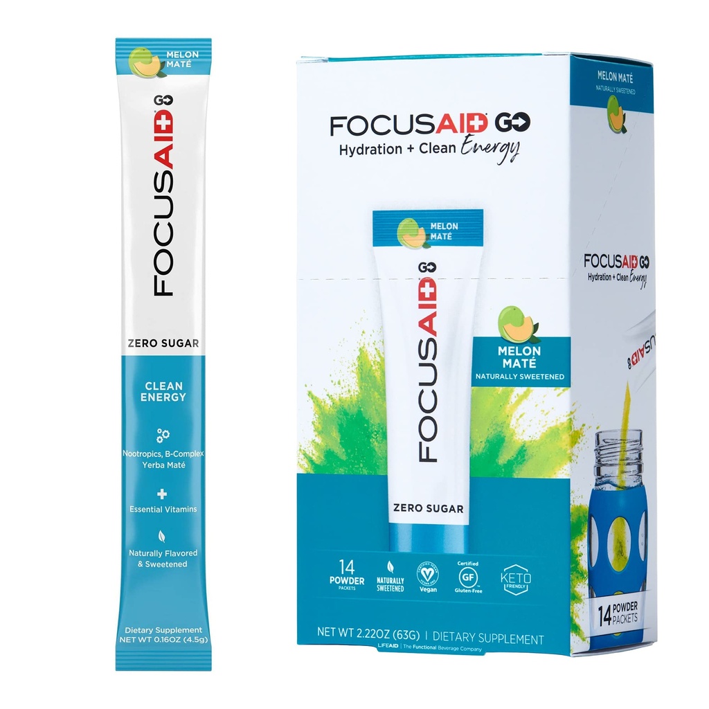 FOCUSAID GO Nootropics Energy Blend, Zero Sugar, Alpha-GPC, GABA, B-Complex, Yerba Mate, Πράσινο Τσάι, Keto Friendly, 100mg Φυσική καφεΐνη (Pack of 14)