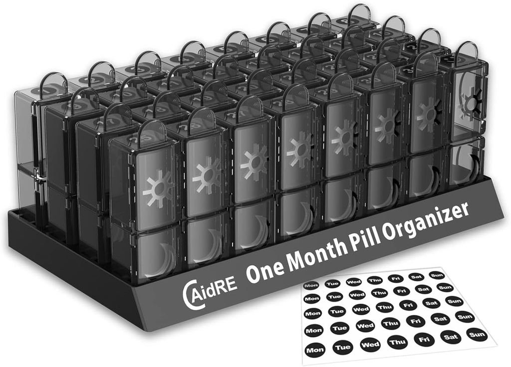 Monthly Pill Organizer 2 Times a Day, CAidRE 30 Day Pill Organizer AM PM, One Month Pill Boxes and Organizer, 31 Day Pill Organizer with Weekly Pill Holder for Fish Oil, Vitamins, Supplements, Black