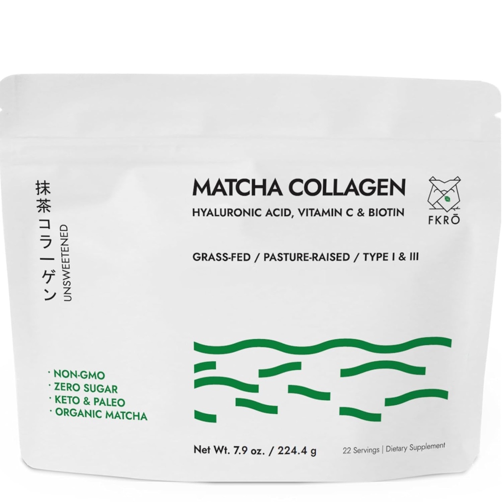 FKRO Matcha Collagen Powder w Biotin, Hyaluronic Acid & Vitamin C - Υγιή μαλλιά, δέρμα & νύχια - Φυσικός τύπος I & III Hydrolyzed Collagen Powder, Unsweeted Matcha Latte - 22 Μερίδες, 7.9oz