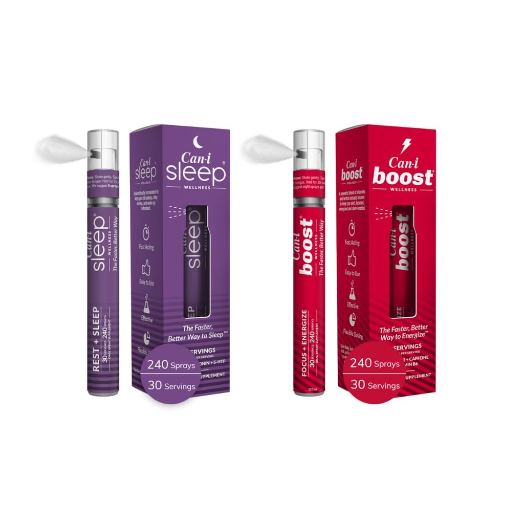 Can-i Wellness Fast-Active Oral Spray Bundle - Φυσικό συμπλήρωμα ύπνου με μελατονίνη και GABA, Καθημερινή Ενεργειακή Υποστήριξη με B12, Ουμπικινόλη και καφεΐνη – Vegan Formula, Φορητό, Travel-Friendly Spray