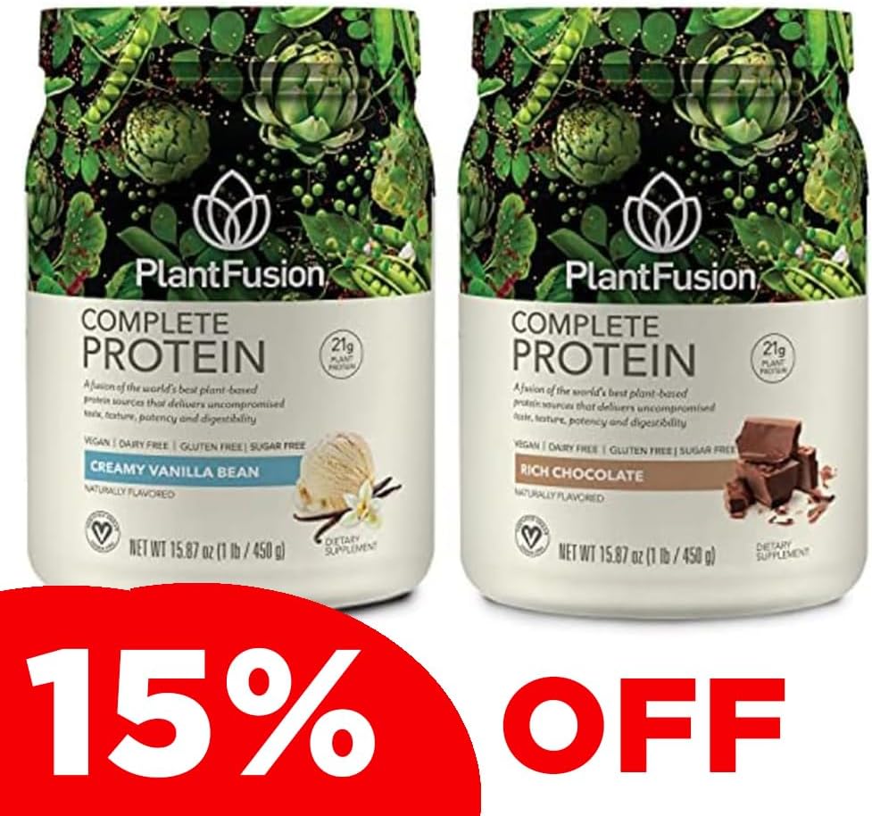 PlantFusion Complete Plant Based Pea Protein Powder Bundle, Non-GMO, Vegan, Dairy Free, Χωρίς γλουτένη, Χωρίς σόγια, Χωρίς Αλλεργία W/Digestive Enzymes, Συμπλήρωμα διατροφής, Vanilla Bean και σοκολάτα 1 λίρα