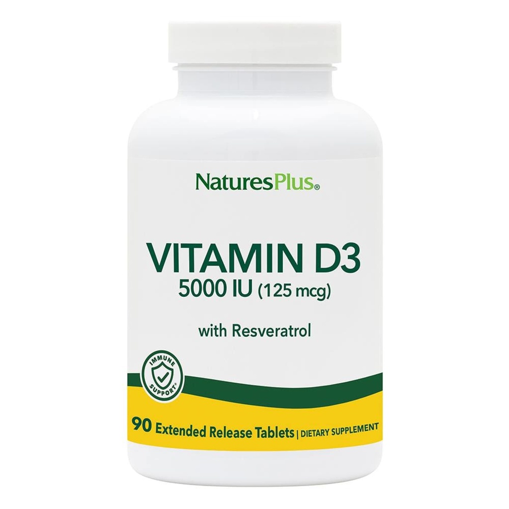 Natures Plus Vitamin D3, Extended Release - 90 Vegan Tablets - 5000 IU + 25 mg Trans-Resveratrol - Υγεία της καρδιάς & των οστών, Υποστήριξη ανοσοποιητικού συστήματος, Αντι- γήρανση - Χωρίς γλουτένη - 90 Σερβιέτες