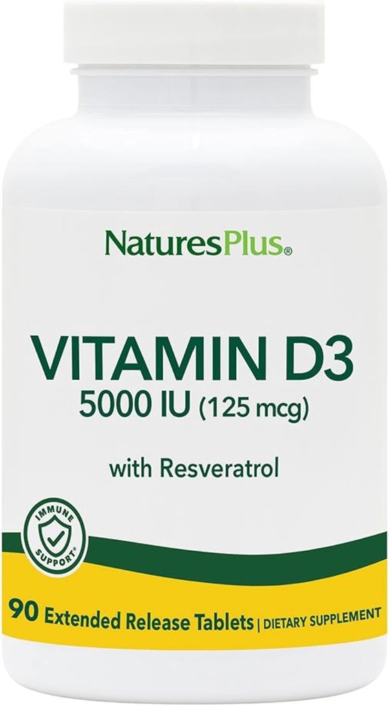 Natures Plus Vitamin D3, Extended Release - 90 Vegan Tablets - 5000 IU + 25 mg Trans-Resveratrol - Υγεία της καρδιάς & των οστών, Υποστήριξη ανοσοποιητικού συστήματος, Αντι- γήρανση - Χωρίς γλουτένη - 90 Σερβιέτες