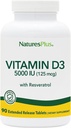 Natures Plus Vitamin D3, Extended Release - 90 Vegan Tablets - 5000 IU + 25 mg Trans-Resveratrol - Heart & Bone Health, Immune System Support, Anti-Aging - Gluten Free - 90 Servings