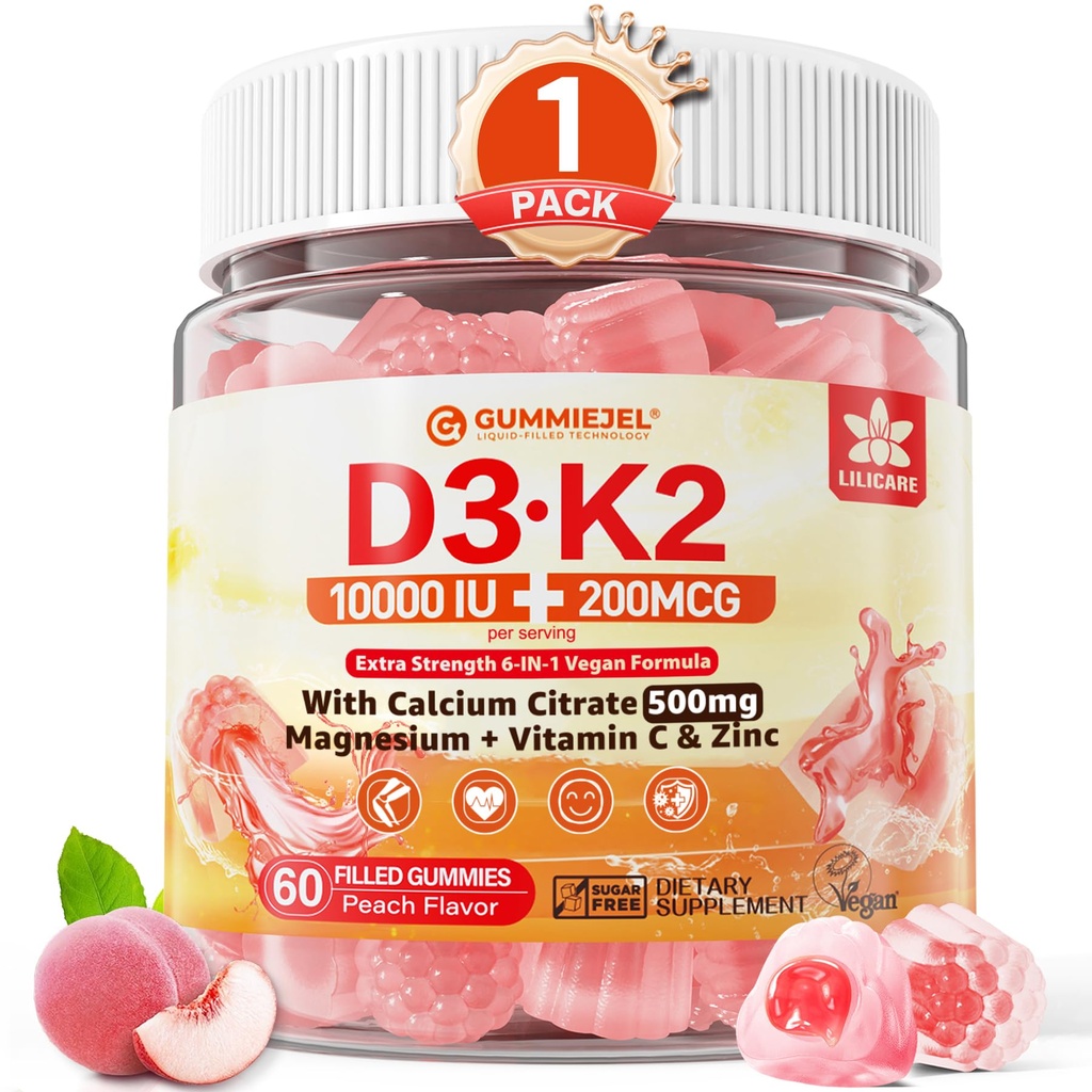 Βιταμίνη D3 K2 Gummies 5000IU / 10. 000 IU με 500mg Ασβέστιο + K2(MK-7) 200mcg, Μαγνήσιο, Βιταμίνη C & Ψευδάργυρο, Επιπλέον Δύναμη - Ultimate Απορρόφηση για οστά, μύες, δόντια, Vegan, 60 Count (Pack of 1)