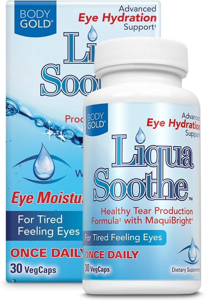 Body Gold Liqua Soothe Eye Health Supplement, Healthy Tear Production Formula for Dry, Cured Feeling Eyes, w/MaquiBright, Βιταμίνη Α, Λουτεΐνη και Υαλουρονικό Οξύ, 60 Ημέρα Εγγύηση, 30 VegCaps