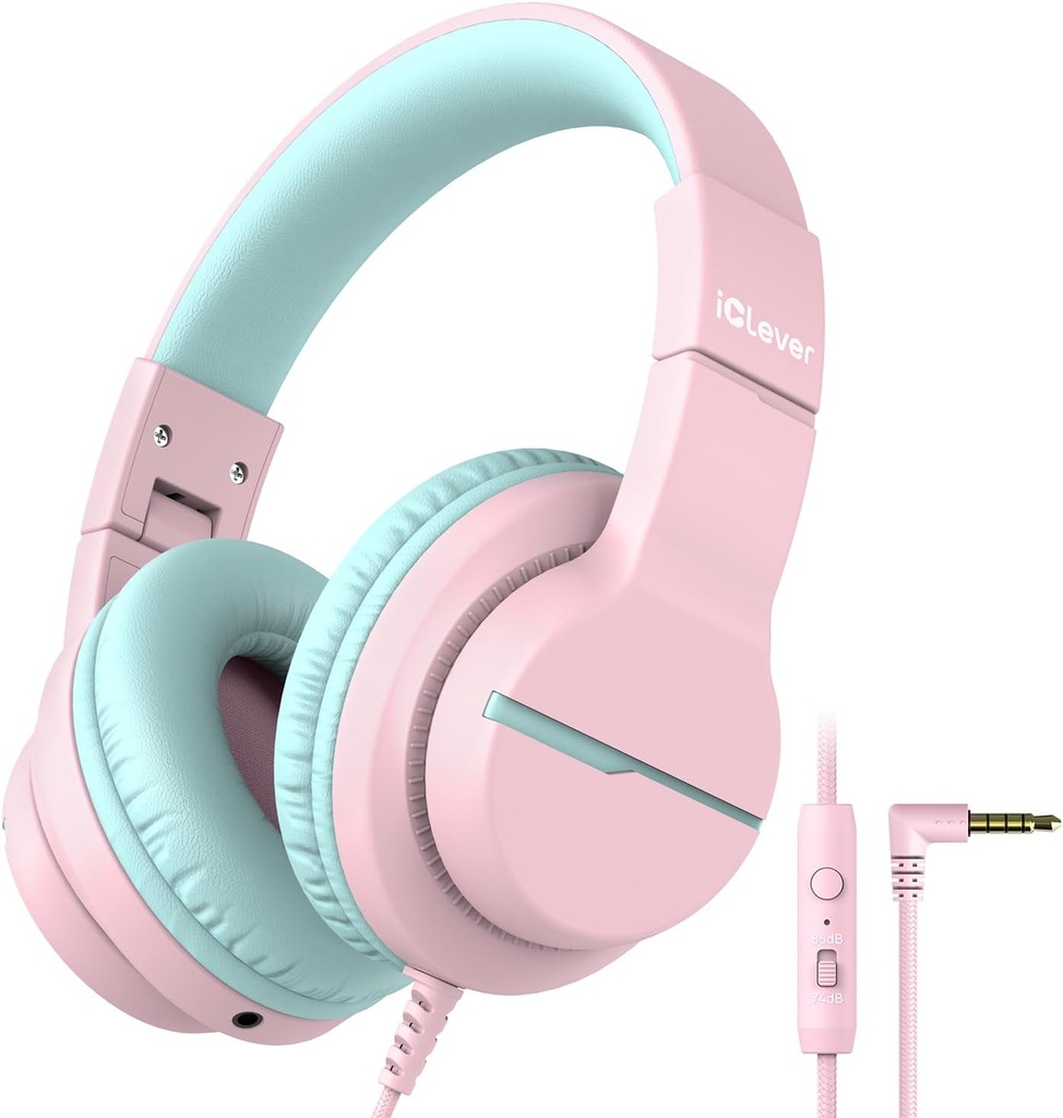 iClever HS19 Παιδικά ακουστικά με μικροφώνο για το σχολείο, Safe Volume Limited, Over-Ear Girls Boys Ακουστικά για παιδιά με Shareport, αναδιπλούμενο καλώδιο για iPad / Ταξίδι (Pink)