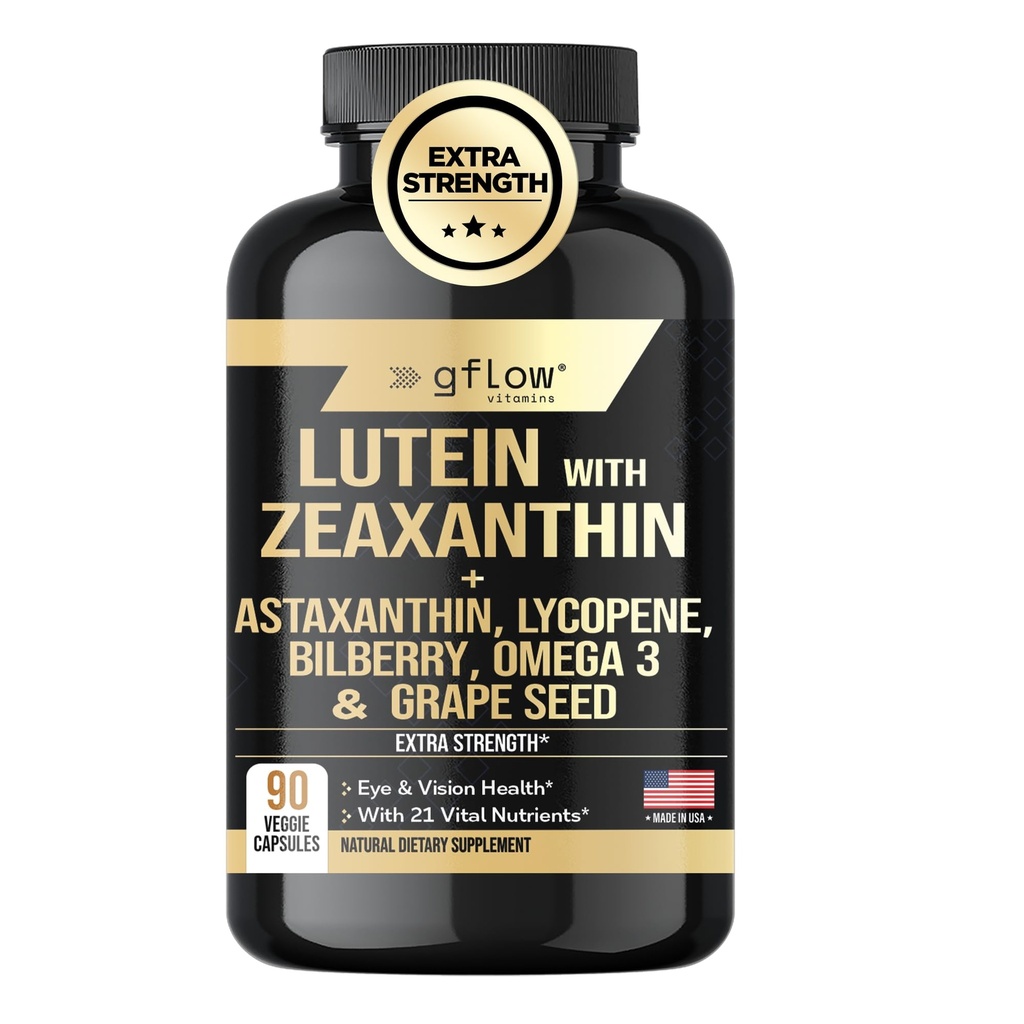 gflow vitamins Lutein and Zeaxanthin Supplements - Advanced Eye Vitamins with Astaxanthin, Omega 3, Resveratrol, Bilberry, Lycopene, Quercetin, Ginkgo Biloba, Vitamin D | Health Vision | Made in USA