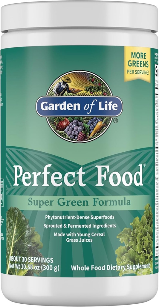 Garden of Life Perfect Food Super Green Formula - 30 Servings, 45 Superfoods, Greens, Fruit and Veggie Juice Superfood Powder Supplement, Probiotics, Organic Spirulina for Digestion and Immune Health