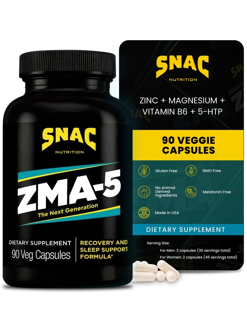 SNAC ZMA-5 συμπλήρωμα βοήθειας ύπνου, να προωθήσει την αποκατάσταση των μυών και την ανάπτυξη, ανοσοποιητική υποστήριξη, & αποκατάσταση του ύπνου με ψευδάργυρο, μαγνήσιο & 5-HTP, Post προπόνηση, πριν το κρεβάτι ZMA συμπληρώματα 90 κάψουλες λαχανικά