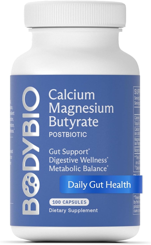 BodyBio Butyrate - Μεταβιοτικό για την υγεία των ούλων, Digestive Υποστήριξη, Bloat, Αέριο & Δυσκοιλιότητα Ανακούφιση, επιδιόρθωση βλεννογόνου - Ασβέστιο, Μαγνήσιο + συμπλήρωμα βουτυρικού οξέος για την ευεξία GI