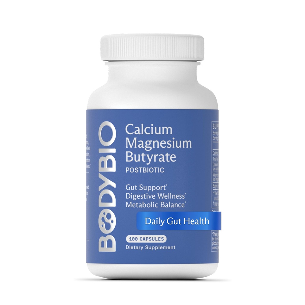 BodyBio Butyrate - Postbiotic for Gut Health, Digestive Support, Bloat, Gas & Constipation Relief, Leaky Gut Repair - Calcium, Magnesium + Butyric Acid Supplement for GI Wellness - 100 Capsules