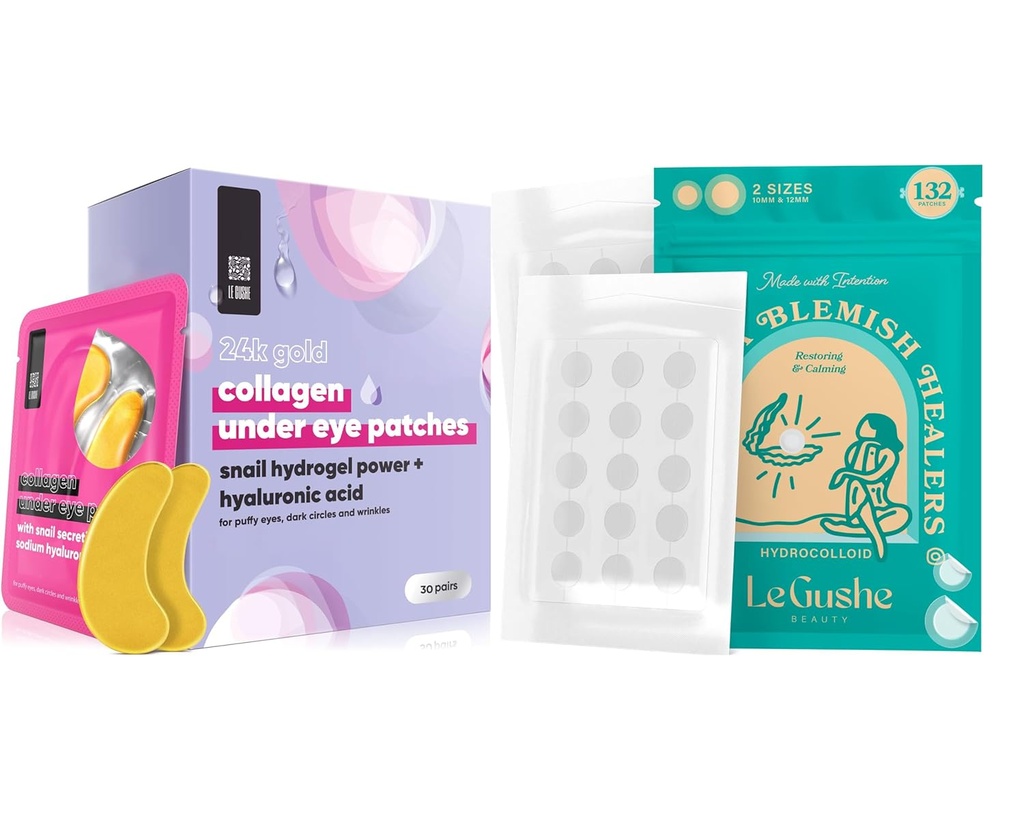 LE GUSHE Patches simple for Face (132 dots) & Under Eye Patches (30 Pairs). Χρυσή Μάσκα ματιών με κολλαγόνο & Αμινοξύ, Φροντίδα ματιών ψύξης για ρυτίδες, Puffy Eyes & Σκοτεινούς κύκλους