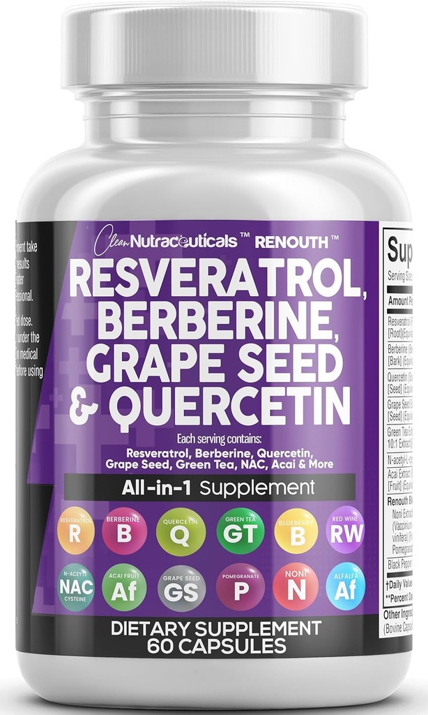 Clean Resveratrol Supplement | Berberine Grape Seed Extract Quercetin Green Tea Extract Acai Noni Polyphenol Supplement for Women & Men Anti Aging N-Acetyl Cysteine NAD Booster