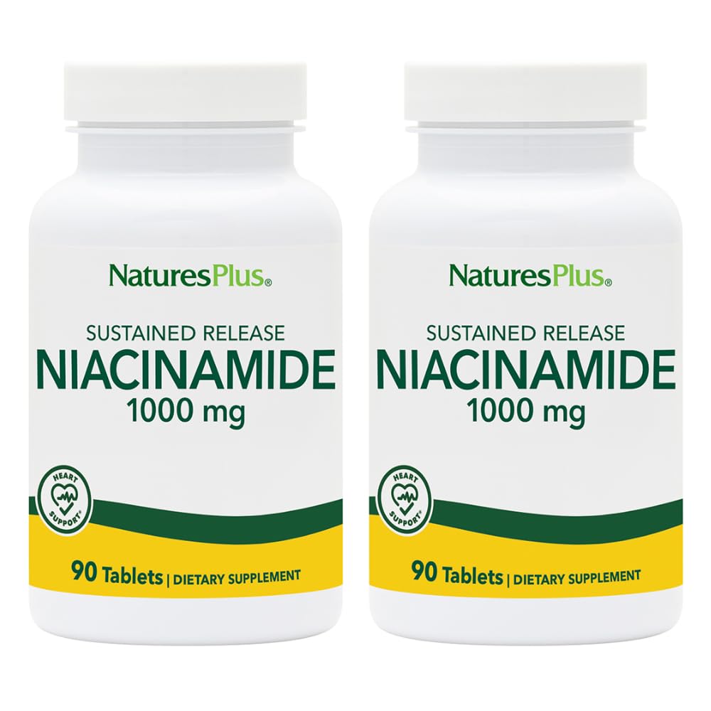 Natures Plus Niacinamide 1000 mg - 90 δισκία παρατεταμένης αποδέσμευσης, Συσκευασία των 2 - Υποστηρίζει την Ανοσοποιητική & Δερματική Υγεία, την Ενεργειακή Παραγωγή & τη λειτουργία του εγκεφάλου - Χορτοφαγική, Χωρίς Γλουτένη - 180 Σύνολο Υπηρεσίες