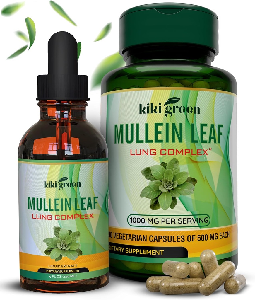 KIKI Green Mullein Capsules & Liquid Drops Bundle - Mullein Leaf Extract Supplements, 90 Capsules + 2 fl oz - for Respiratory & Immunity Support, Better Lung Function, Lung Cleanse & Relief