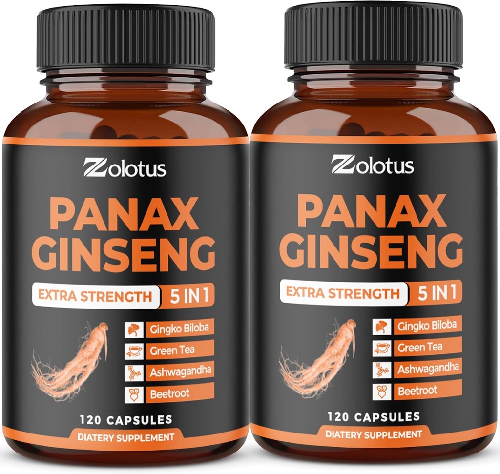 Zolotus Korean Red Panax Ginseng + Ginkgo Biloba, Ashwagandha, Beetroot, Πράσινο Τσάι - 120 κάψουλες (πακέτο του 2)