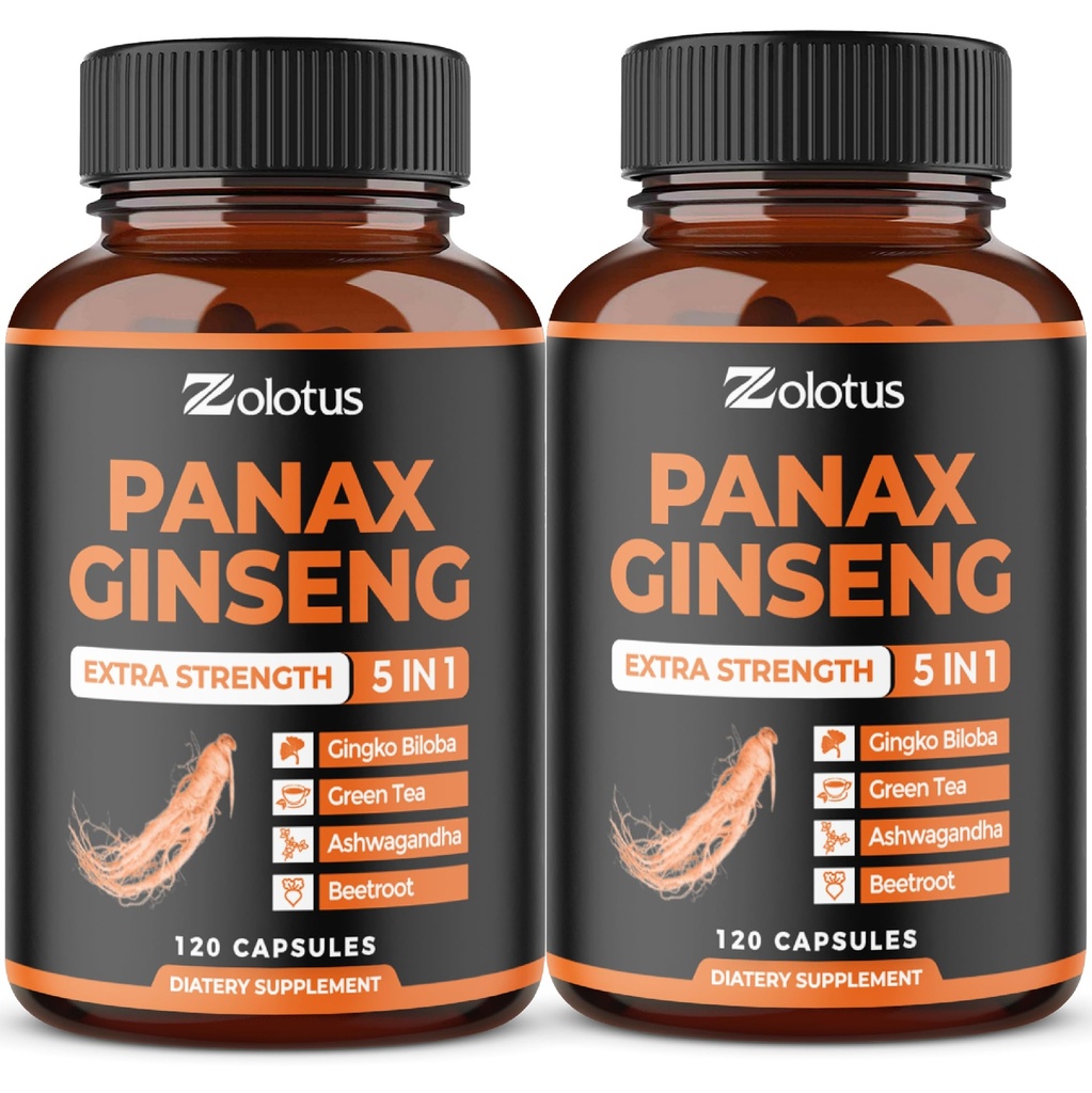 Zolotus Korean Red Panax Ginseng + Ginkgo Biloba, Ashwagandha, Beetroot, Πράσινο Τσάι - 120 κάψουλες (πακέτο του 2)
