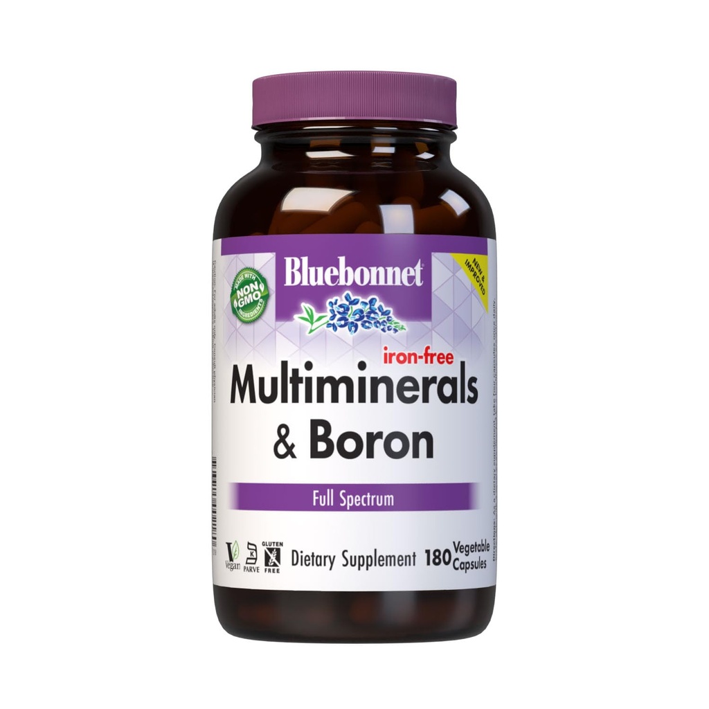 Bluebonnet Multi Minerals Supplement Plus Boron Chelated Magnesium Potassium Copper Selenium Manganese Chromium & Zinc Complex for Women & Men - No Iron, Non-GMO, Gluten-Free - 180 Vegetable Capsules