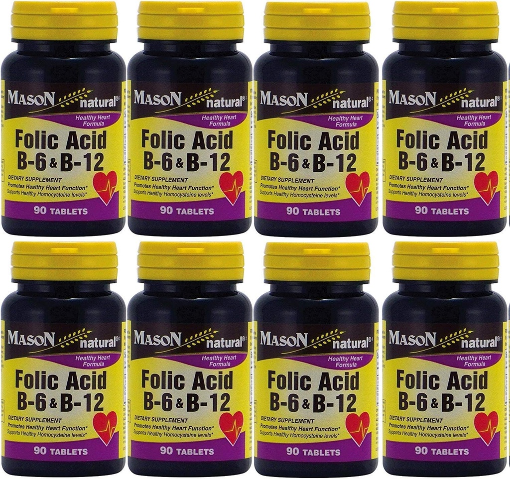 Mason Vitamins Folic Acid B-6 & B12 Heart Health Formula 90 Tablets per Bottle Pack of 8 Total 720 Tablets
