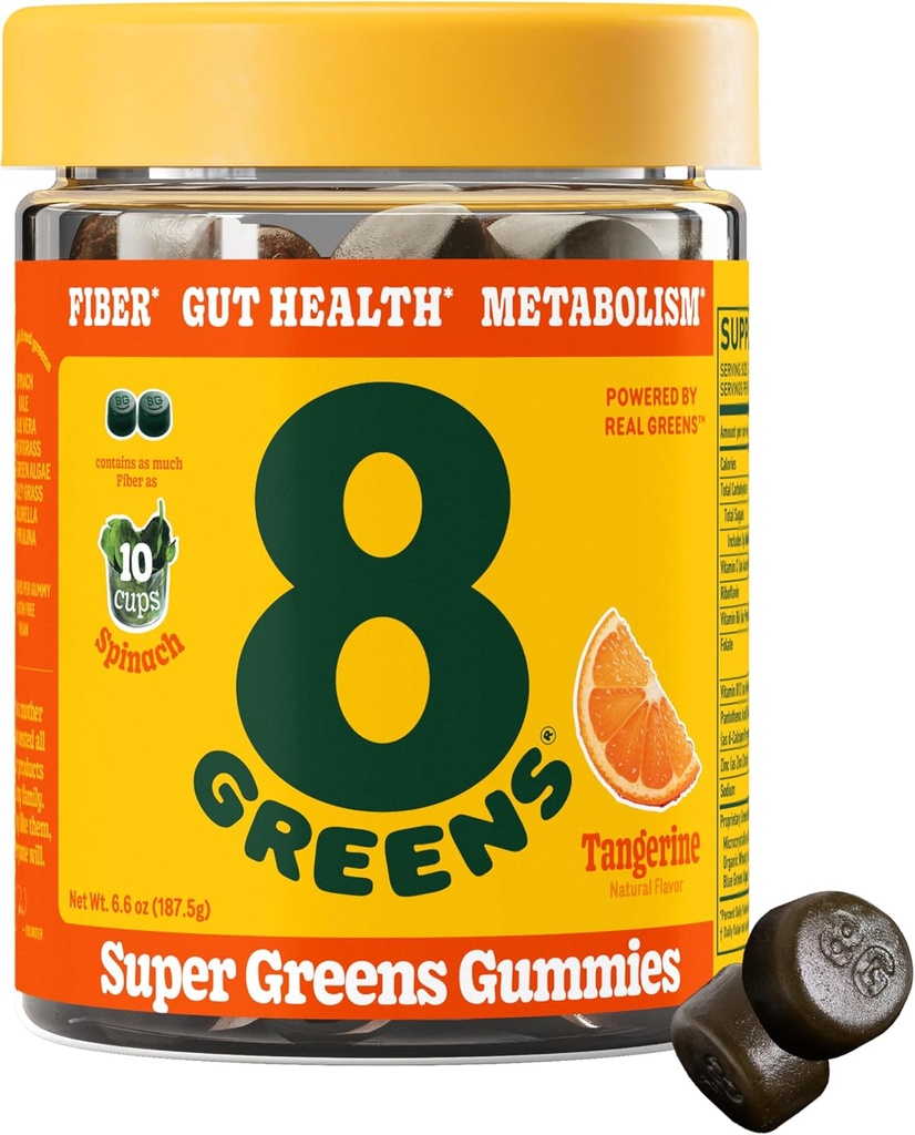 8Greens Fiber Super Greens Gummies  Digestive Health, Boost Immune System & Digestive Health with 8 Real Greens - Μη ΓΤΟ Formula, Gummy, Tangerine Flavor, 50 Count