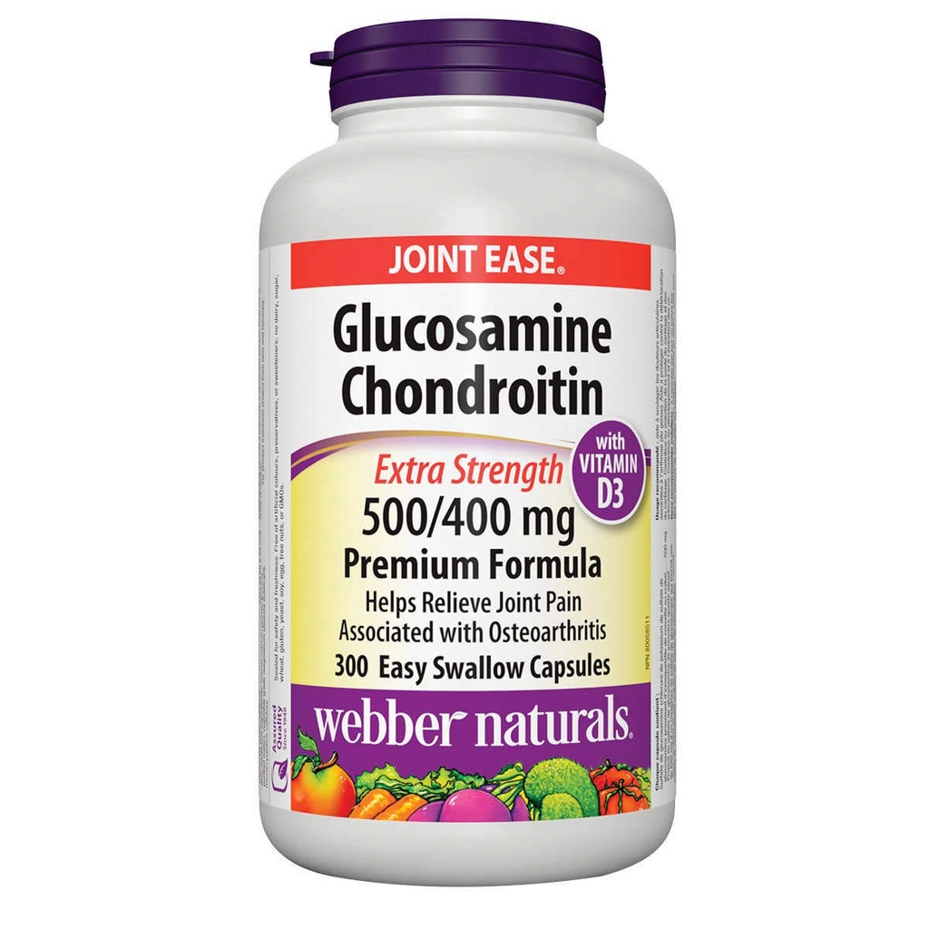 Webber Naturals Γλυκοζαμίνη Χονδροϊτίνη με βιταμίνη D3, επιπλέον περιεκτικότητα, 500/400 mg, Premium Formula, 300 Εύκολα καψάκια κατάποσης