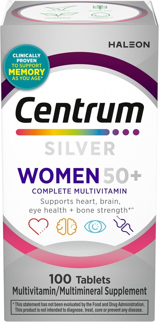 Centrum Silver Πολυβιταμίνη γυναικών για γυναίκες 50 Plus, Multivitamin / Multimineral συμπλήρωμα με βιταμίνη D3, Β Βιταμίνες, μη ΓΤΟ συστατικά, υποστηρίζει τη μνήμη και τη γνώση σε ηλικιωμένους ενήλικες - 100 Ct