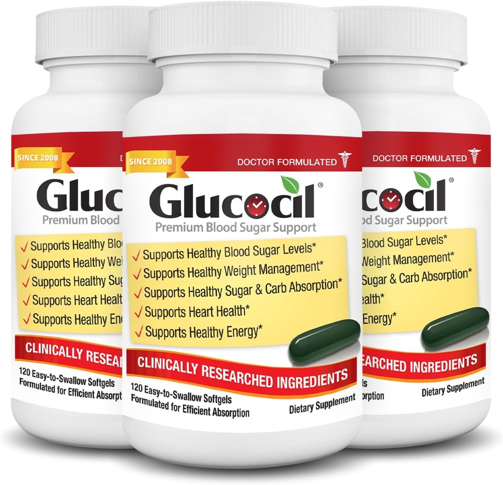 Glucocil – Softgels - Premium Blood Sugar Support - Πάνω από 2 εκατομμύρια μπουκάλια που πωλούνται - Υποστηρίζει όλα τα 3 Απαραίτητα Ζάχαρη αίματος - Από το 2008, με βερβερίνη, ιδιόκτητο φύλλο Mulberry, και More, 3-Pack