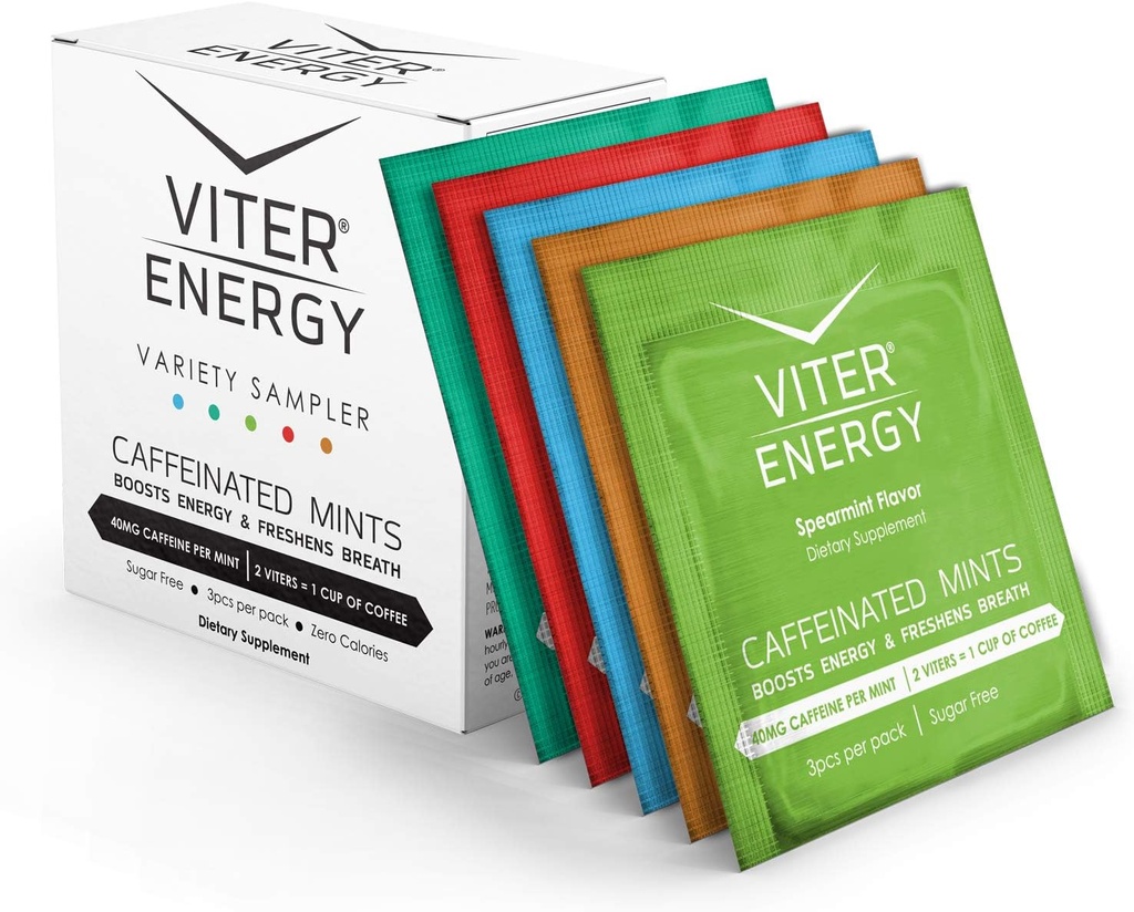 Viter Energy Caffeinated Mints 40mg Caffeine, B Vitamins, Sugar Free. (Variety, 3pcs, 5 Pack)