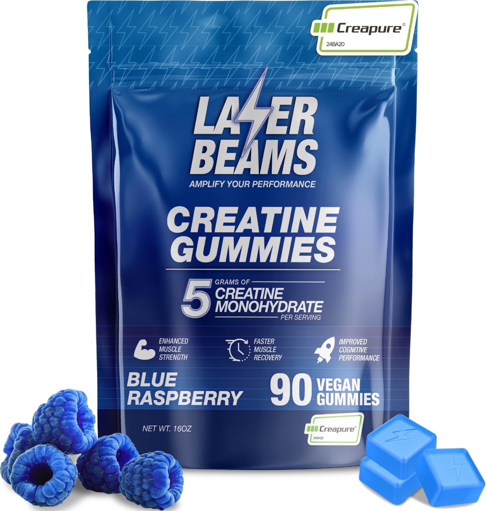 Creatine Monohydrate Gummies for Women & Men- 5g Creapure Creatine per Serving - Vegan, Blue Raspberry Flavor - Ενίσχυση της μυϊκής δύναμης, αντοχή, ανάκτηση & ψυχική εστίαση (90 Gummies)