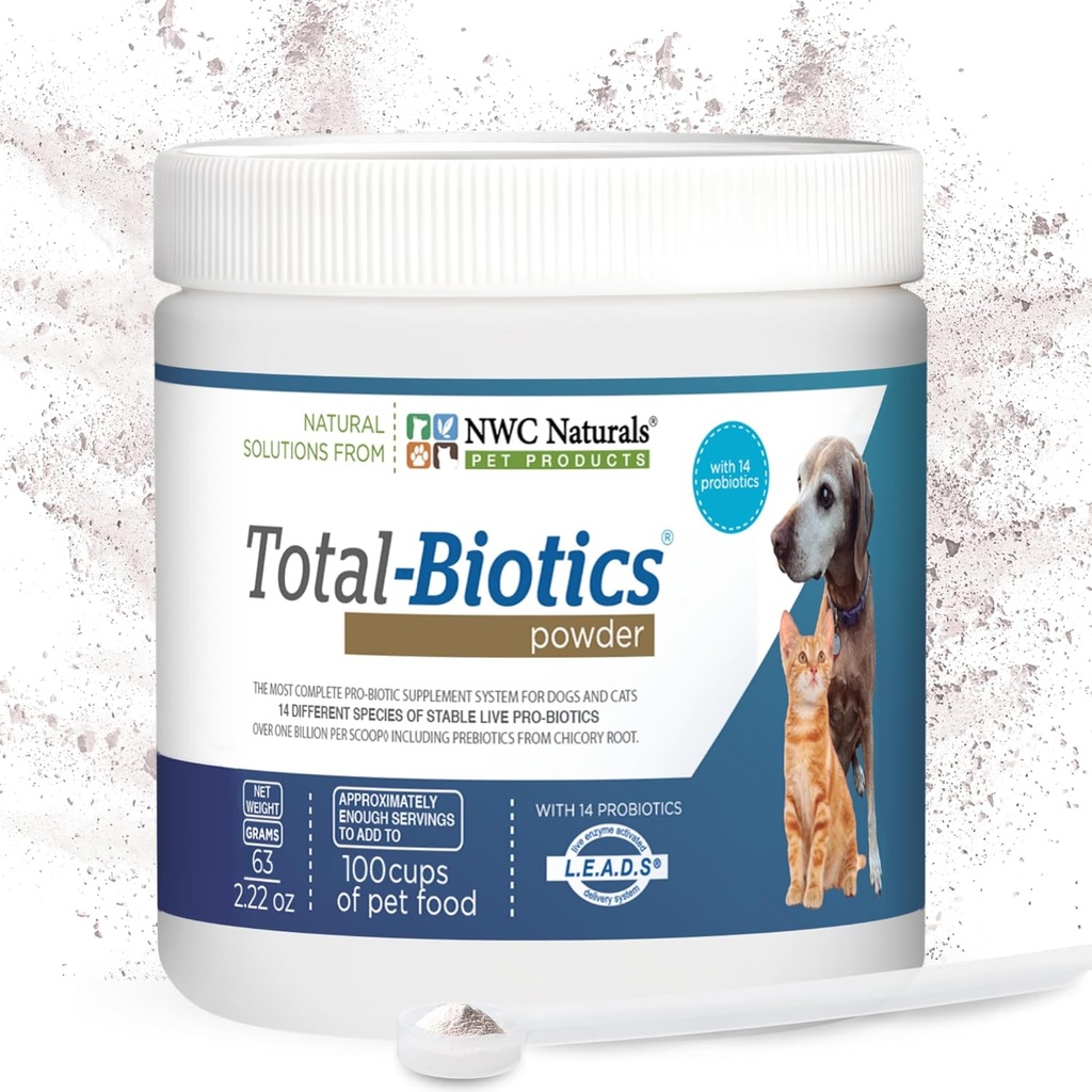 NWC Naturals Total-Biotics, Cat & Dog Probiotics for Digestive Health with Prebiotic, Unflaved Probiotic for Dogs & Cats, Συμπλήρωμα για την ουροδόχο κύστη, το δέρμα, το παλτό, το στομάχι Relief, 100 Servings, 2.22 Ουγγιά