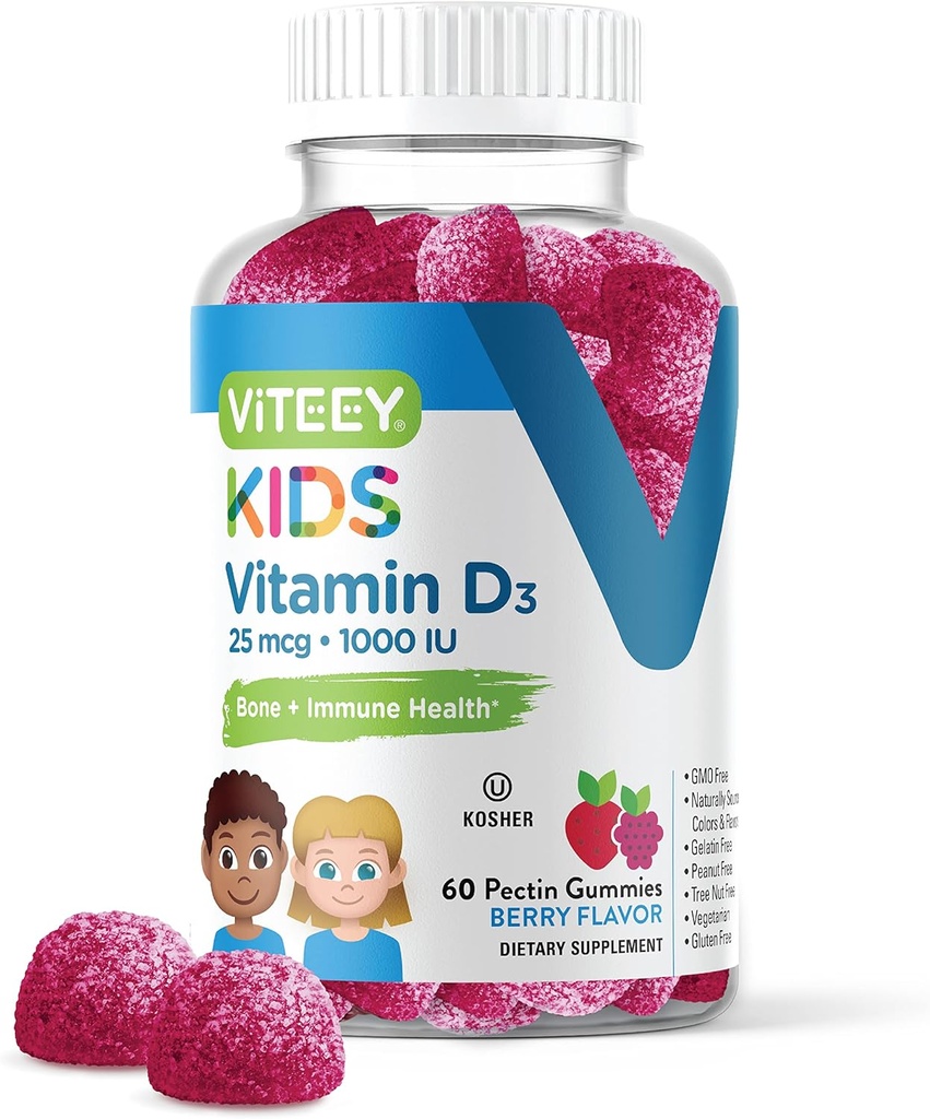 Viteey Vitamin D3 Kids Gummies 25mcg 1000 IU - Υγεία των οστών, Ανοσοποιητική Υγεία, Κοινή Μυική Υποστήριξη - Χορτοφαγική, Χωρίς ζελατίνη, Χωρίς γλουτένη, Χωρίς ΓΤΟ - Νόστιμο Μασώμενο Μπέρι Γεύση