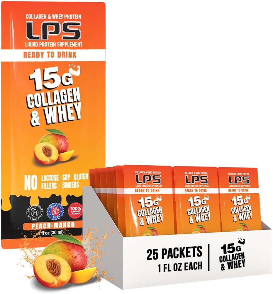 LPS Liquid Collagen & Whey Protein Supplement - Μη-GMO Drink, Sugar-Free - Προάγει το υγιές δέρμα & τα μαλλιά για άνδρες & γυναίκες, Ροδάκινο Mango, Ενιαία Σερβίρισμα (25 πακέτα)