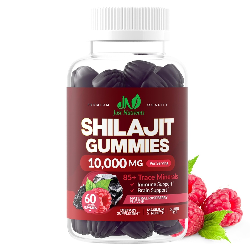 Shilajit Gummies 10.000mg για άνδρες και γυναίκες - Μέγιστη δύναμη καθαρό σιλατζίτ Ιμαλαΐων, χωρίς γλουτένη, μη GMO, 100% χορτοφάγοι - Φυσικό άρωμα σμέουρων - 60 κόμης