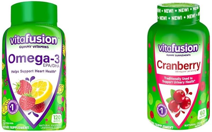 Vitafusion Omega-3 Heart Health Gummy Βιταμίνες με Cranberry Gummies για γυναίκες, 120 Count Omega 3 EPA/DHA Berry Lemonade και 60 Count 500mg Cranberry Juice Concentrate per Service