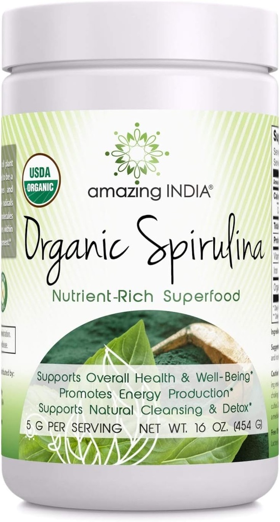 Amazing India Organic Spirulina Powder (Non-GMO) 16 oz (454 gm) - Υποστηρίζει την αναγέννηση κυττάρων, ανοσοποίηση υγεία, αποτοξίνωση & συνολική υγεία*
