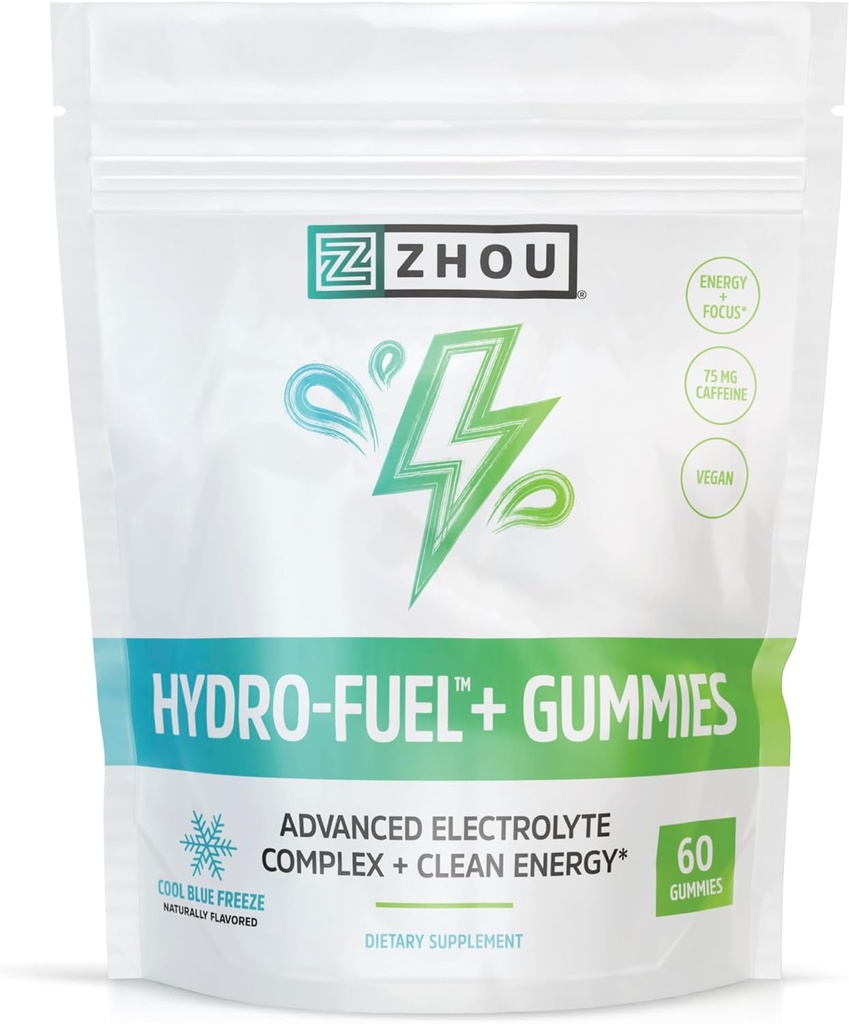 Zhou Nutrition Hydro-Fuel+ Gummies - Electrolyte Gummies for Hydration, Advanced Chews with Electrolytes Complex and 75 mg Caffeine for Clean Energy, Hydrating Supplement - 60 Vegan Chews