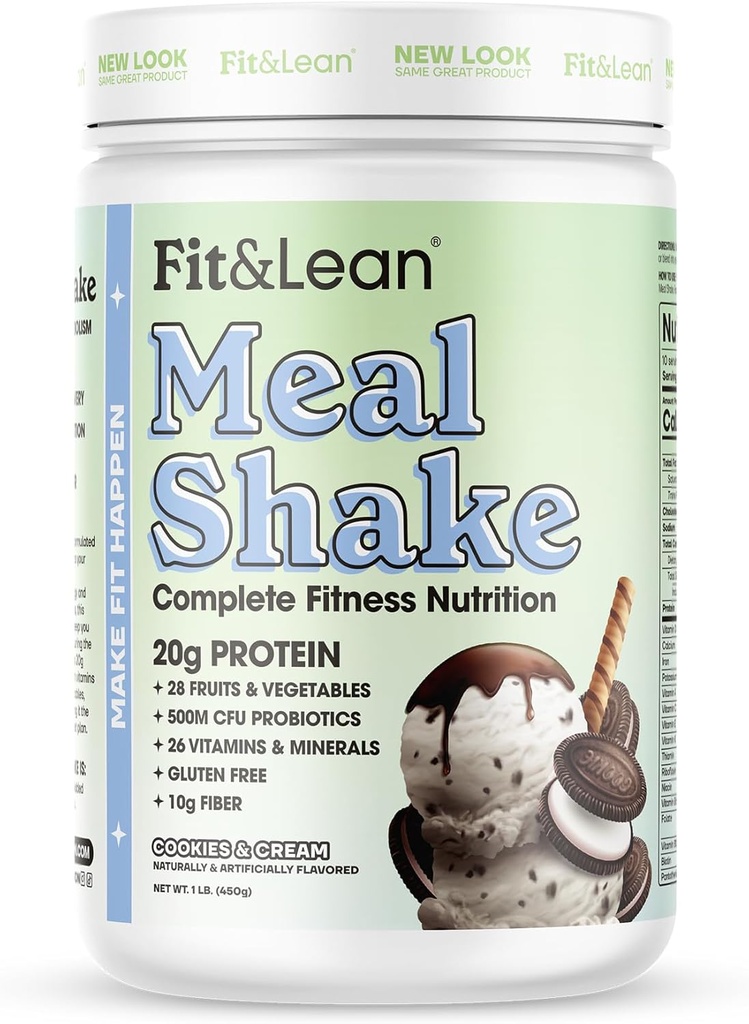 Fit & Lean Meal Shake, Fat Burning Meal Replacement, Meal Replacement with Protein, Fiber, Probiotics and Organic Fruits & Vegetables, Cookies and Cream, 1lb, 10 Servings Per Container