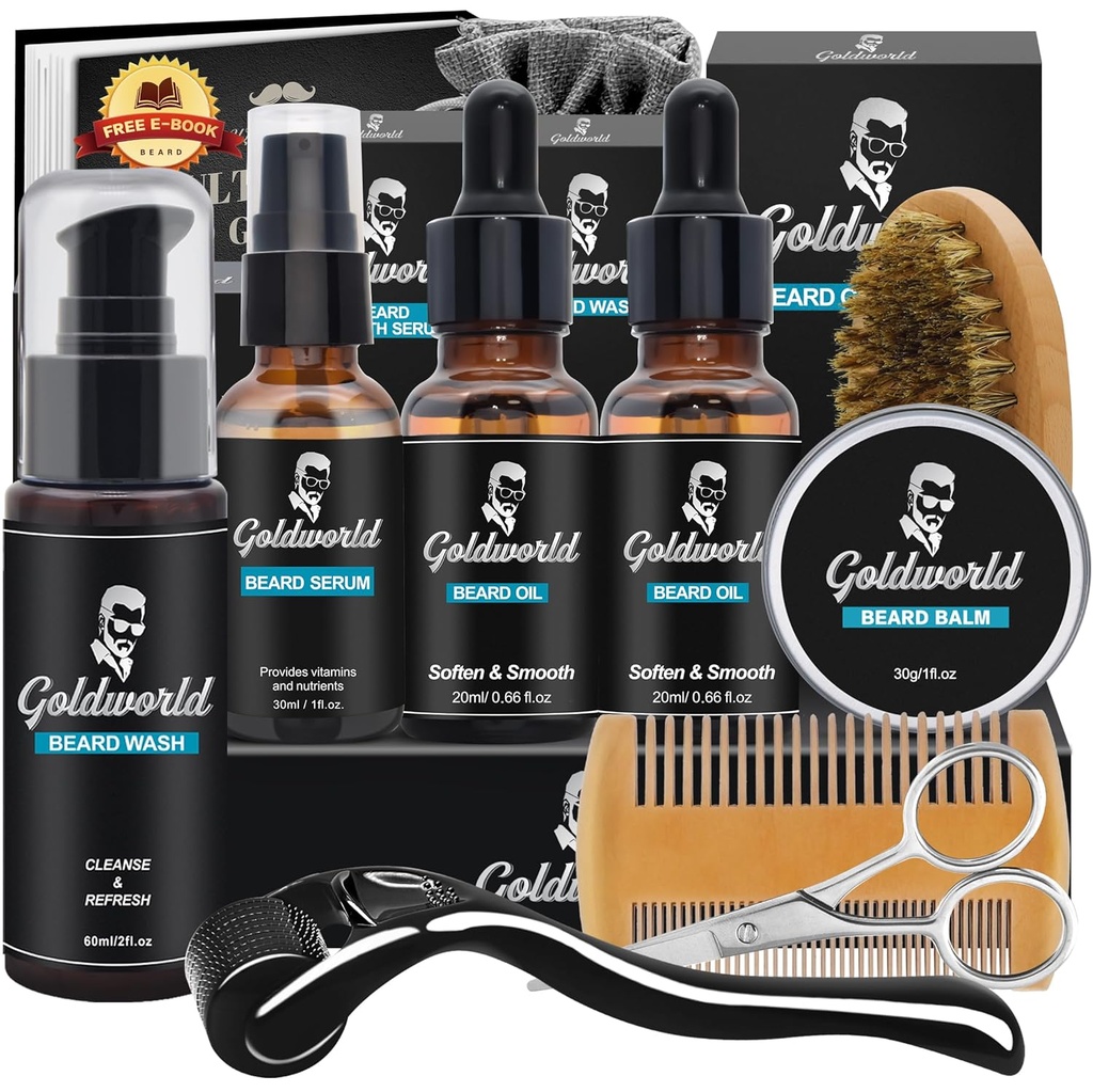 Κιτ γεώτρησης, κιτ στρώσιμου λαρδιού w/Beard Wash/Shampoo, 2 συσκευασίες Έλαιο γεώτρησης,Beard Balm,Beard Wash,Brush,Comb,Scissor,Storage Bag,E-Book,Beard Care&Trimming Kit