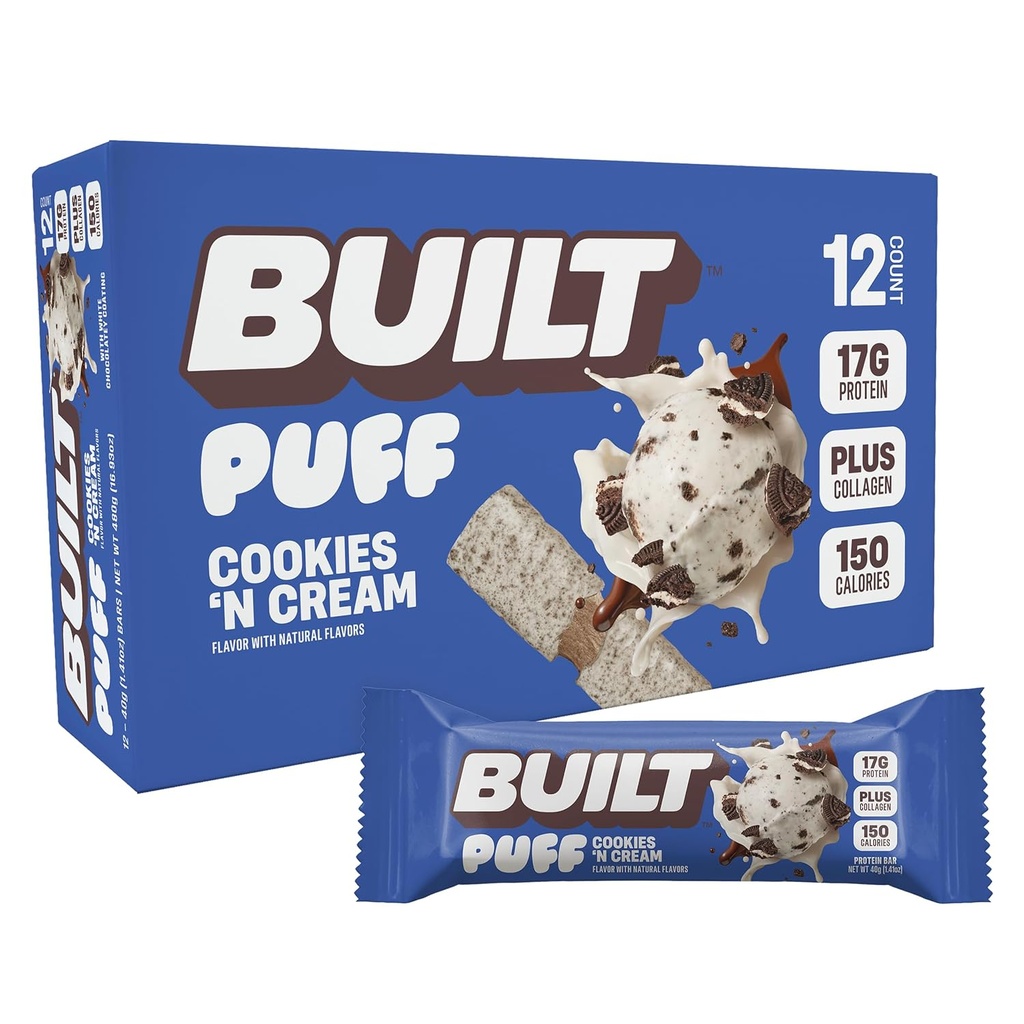 Χτισμένο Bar, Puff Protein Bars, Cookies 'N Cream Puff, 17g Σνακ Πρωτεΐνης, On-The-Go Bars, Μόνο 140 θερμίδες, 7g Ζάχαρη, Κολαγόνο, Όχι Χωρίς Γλουτένη, 12 μέτρα